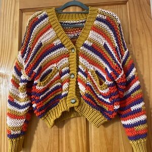 Zara Chunky Crochet Knit Cardigan Sweater Multicolor Stripe Cropped Boho Size M
